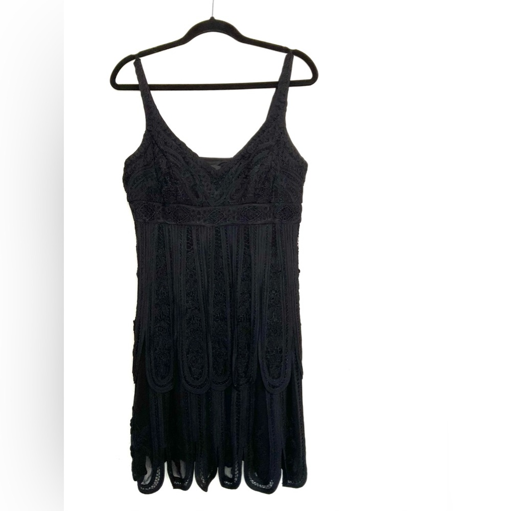 SUE WONG Embroidered Empire Waist Black Lace Crochet Flapper Dress Sz 12P
